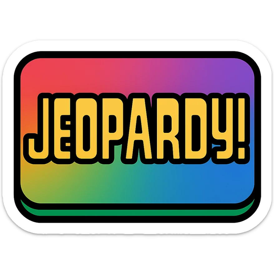 Add more colors to the Jeopardy logo icon, including red, green, and purple accents, while keeping the blue gradient and gold accents. Simple icon style with lineal color and black outlines. sticker