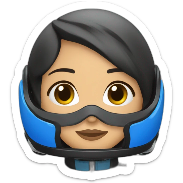 Piloto mulher morena de kart macacão da cor preto com detalhe azul escuro e capacete branco com detalhe azul escuro sticker