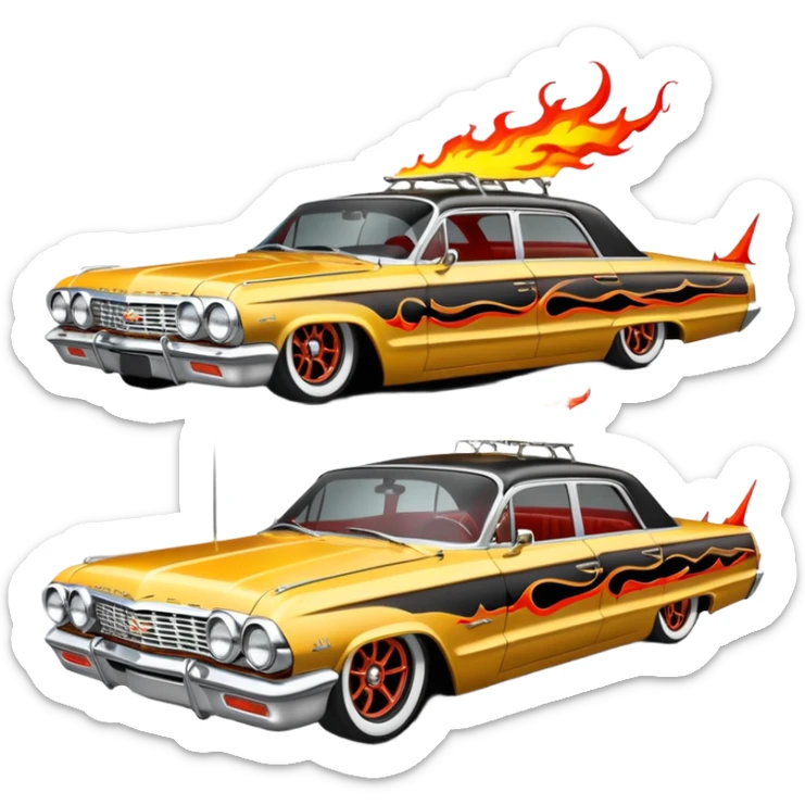 Satans Hot rod custom 1964 impala low rider four door Anubis themed painted hood flaming side-mounted chrome exhaust pipes driving straight to hell  sticker