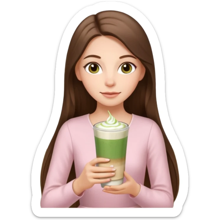 white long brunette hair girl with hazel eyes wearing light pink who is holding matcha sticker