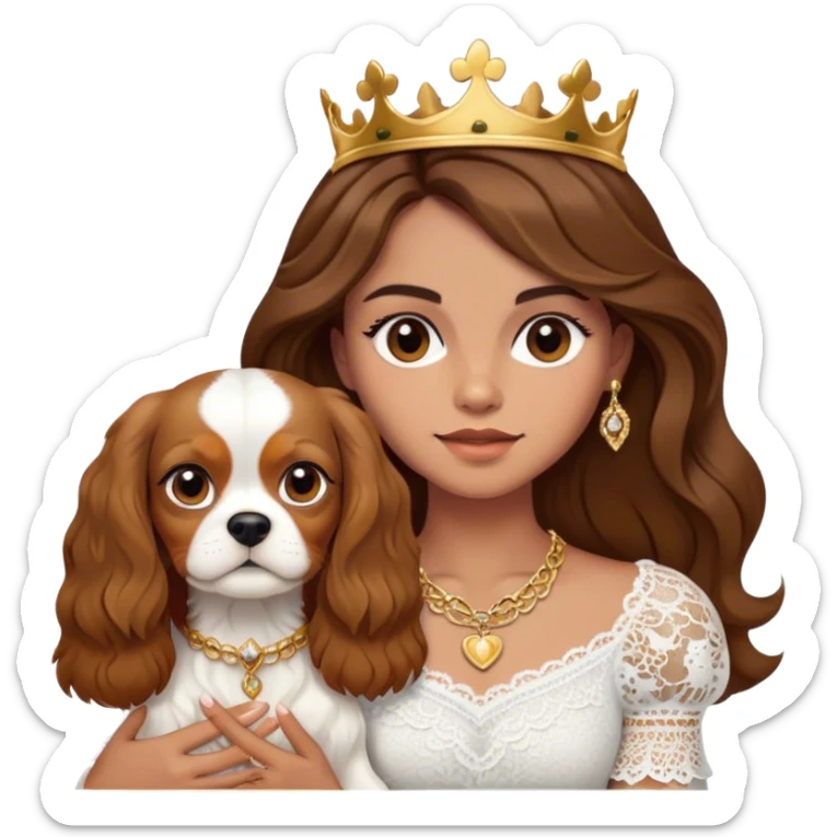 Brown haired slightly tan girl, with straight hair with waves, wearing gold jewelry and a white Lacy top, holding a kings Charles cavalier sticker