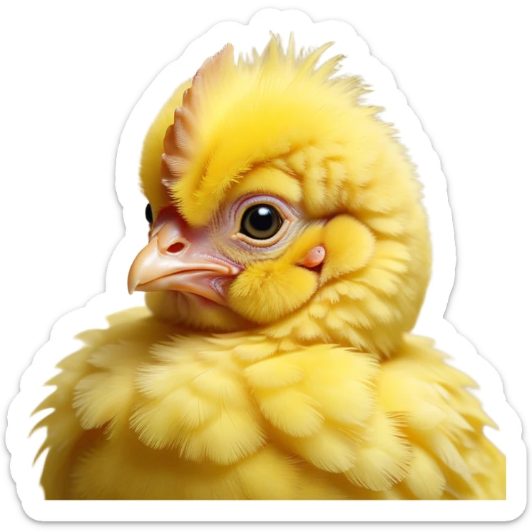 Cinematic Noble Yellow Baby Chicken Portrait Emoji, Poised and regal, with a tiny, fluffy build and a vibrant, well-groomed bright yellow downy coat, deep-set soulful beady eyes, Simplified yet sharp and sophisticated features, highly detailed, glowing with a soft, dignified glow, high shine, intelligent and charming, stylized with an air of youthful elegance, focused and attentive, soft glowing outline, capturing the essence of a watchful and confident little chick, so majestic it feels as though it could peep out of the screen with effortless authority! sticker