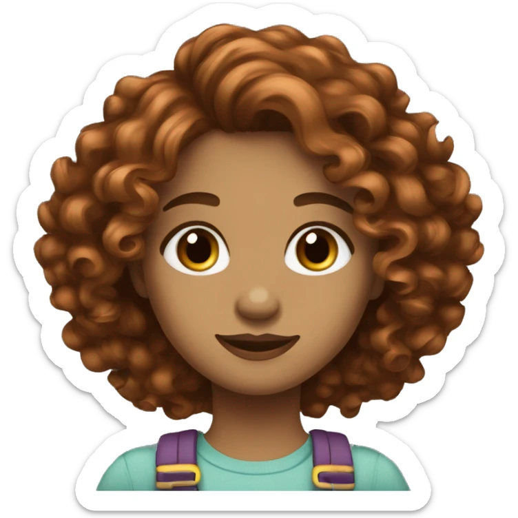 Girl with type 3B big curly copper brown hair, medium dark brown eyes, light skin, long hashes sticker