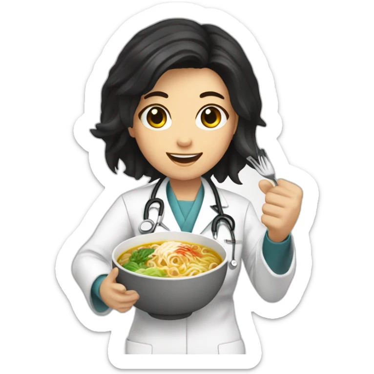 female doctor with dark hair eating ramen bowl with thumbs up sticker