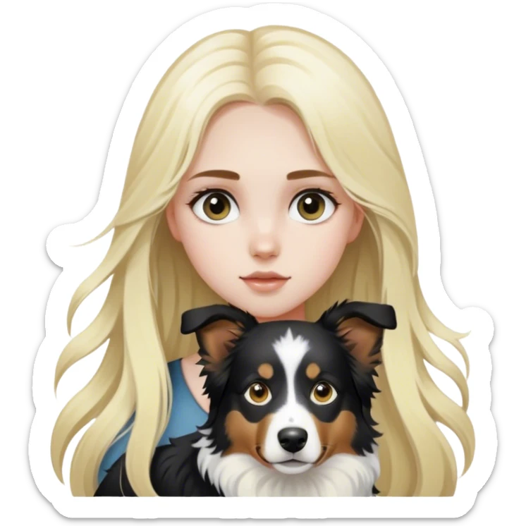 pale girl with light eyes and long blonde hair and black white Australian shepherd. sticker