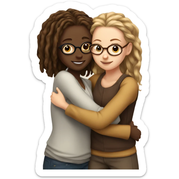Tan girl with glasses and locs hugging a white girl with brown wavy hair sticker