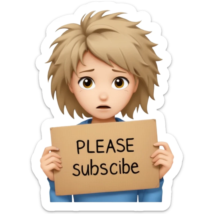 Sad realistic emoji of a young woman with messy hair, holding a cardboard sign that says "PLEASE SUBSCRIBE", emotional begging expression, cinematic lighting, shallow depth of field, soft blurred background, high detail, viral social media style sticker