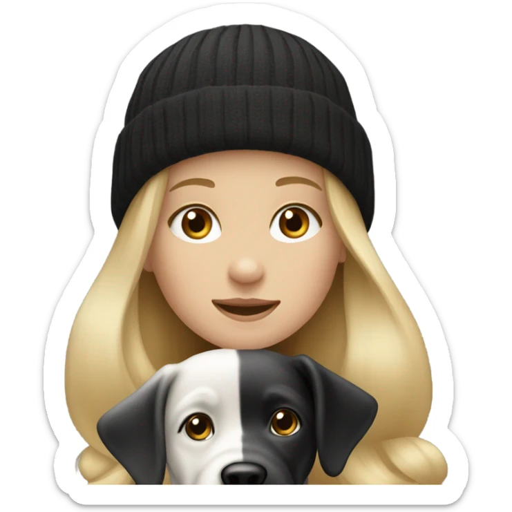 Blonde 10 year old with long hair and a beanie riding a black and white dog sticker