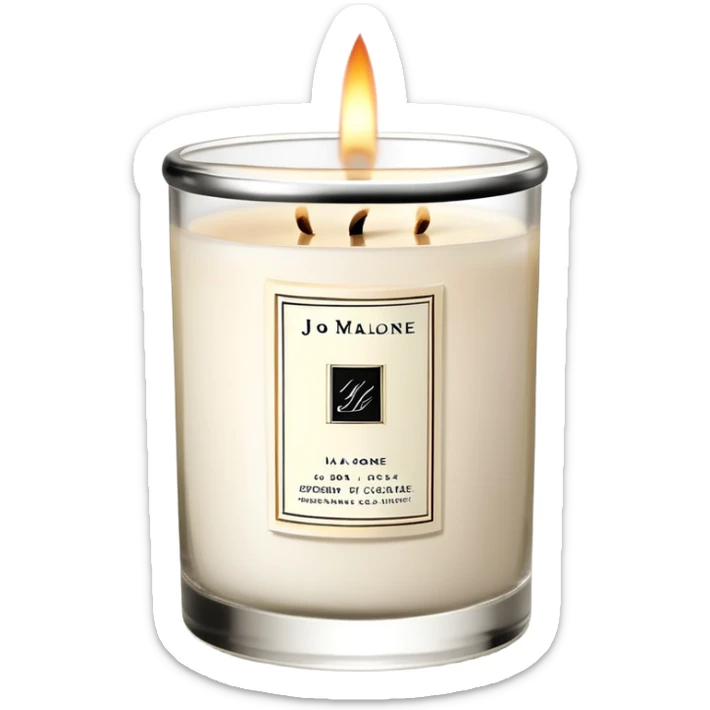 Elegant Jo Malone luxury candle in a clear glass jar with a simple label and a burning flame sticker