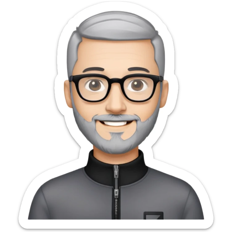 Man with light skin, black hair in near-buzz cut style (very minimal length), short peppered gray beard, large black-framed glasses, smiling face, black zip-neck long sleeve shirt sticker