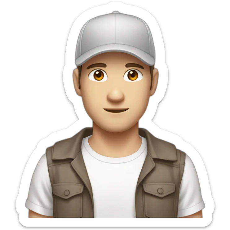 Pale skinned fit Man with dark brown hair in a light gray cap, dark brown jeans, brown polo and white T-shirt keeping a pasted with tape white box into his hands sticker