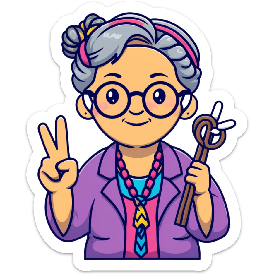 hippie grandma with round glasses, peace sign, tie-dye shirt, grey hair in braids sticker