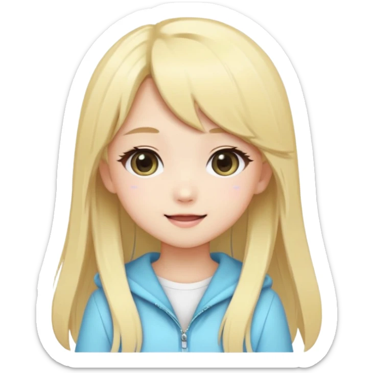Cute kawaii emoji-style Japanese K-pop girl, blonde long hair , trendy K-pop outfit with Japanese cute fashion vibes, big sparkling eyes, chibi proportions, clean lineart, pastel colors, cheerful idol smile, sticker/emoji style, transparent background sticker