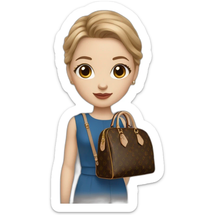 a girl with blue eyes and light brown hair, wearing gucci outfit and holding brown louis vuitton bag sticker