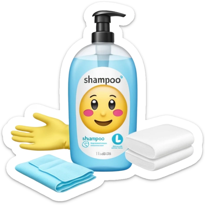 emoji of big (1L) bottle of shampoo, disposable gloves and cotton pads (for makeup) are standing on a table, products look like its always running out, and bran labels to them, make quantity bigger , and i want to see more disposable products sticker