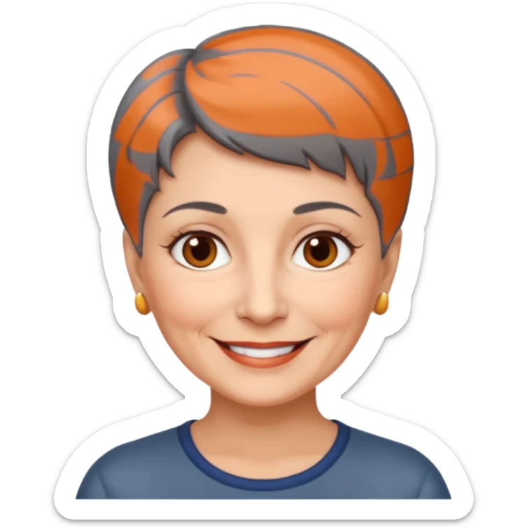 woman 60 years old, shaved short dark grey hair, brown eyes smile sticker