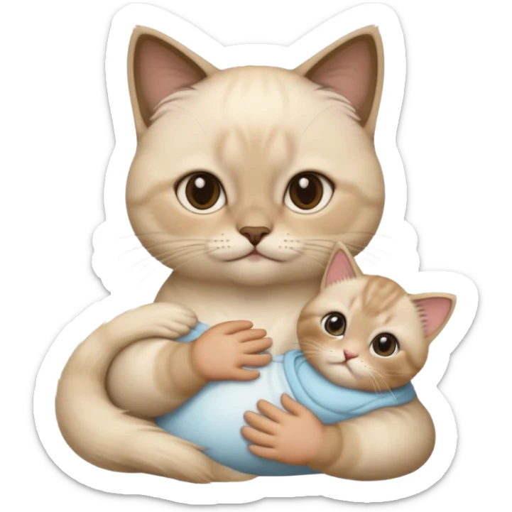 sacred Birman cat holding a baby named Lya with short dark blonde hair in its paws, emoji style sticker