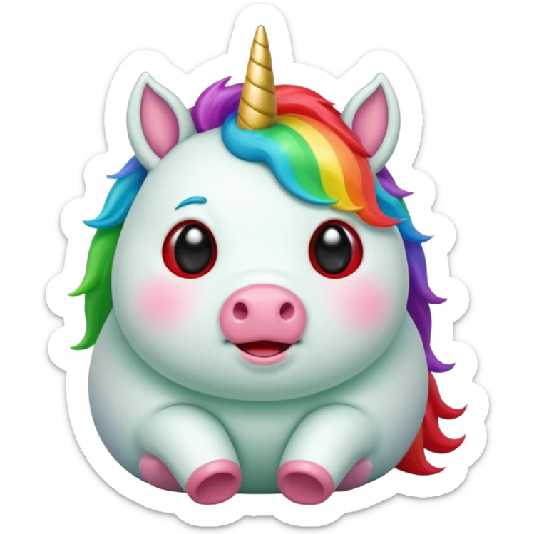 Small chubby unicorn in colours of jade green, black and red eyes, farting rainbow sticker