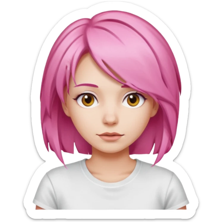 a woman with layered pink hair, wearing white t-shirt sticker