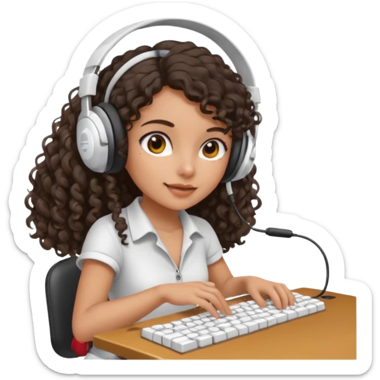 Spanish girl with long dark curly hair, wearing a white gaming headset and playing on keyboard with a gaming mouse in one hand sticker