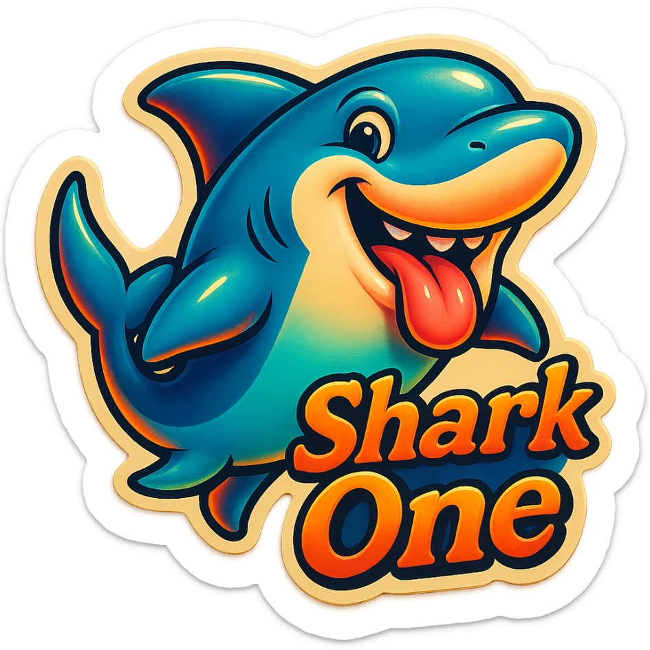 Smiling with tongue sticking out
Add the words Shark One sticker