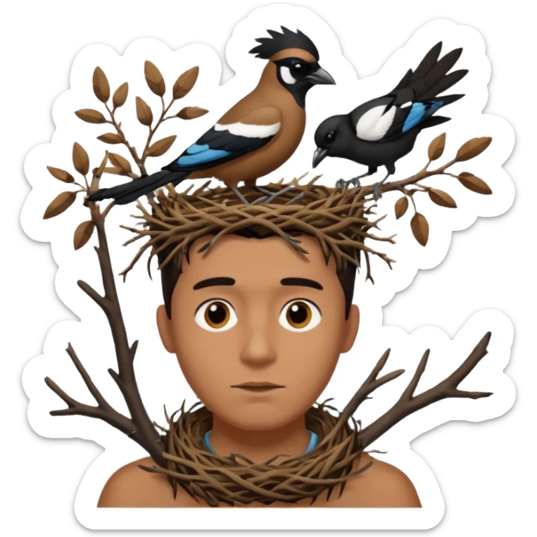 A man who has a magpie birds nest on top of his head for hair sticker