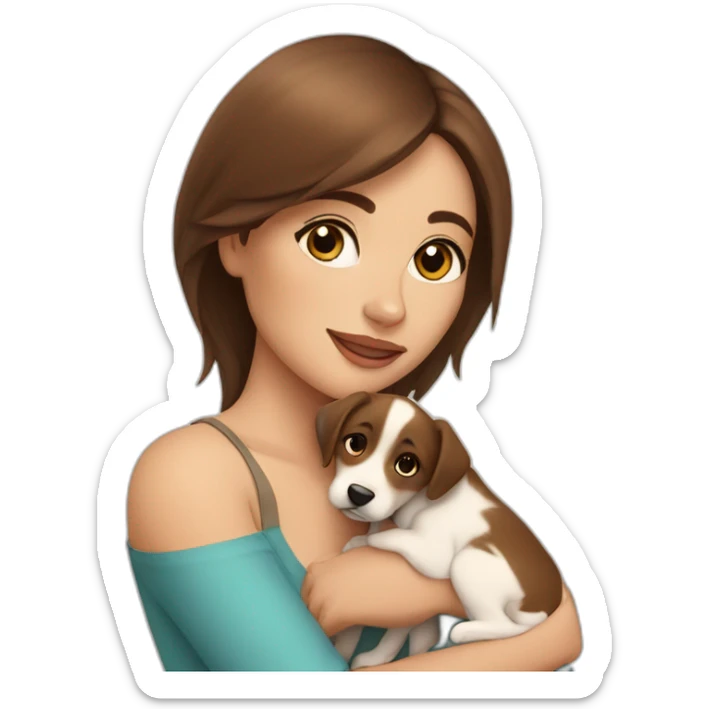 beautiful woman with brown straight hair and brown eyes hugs a puppy sticker