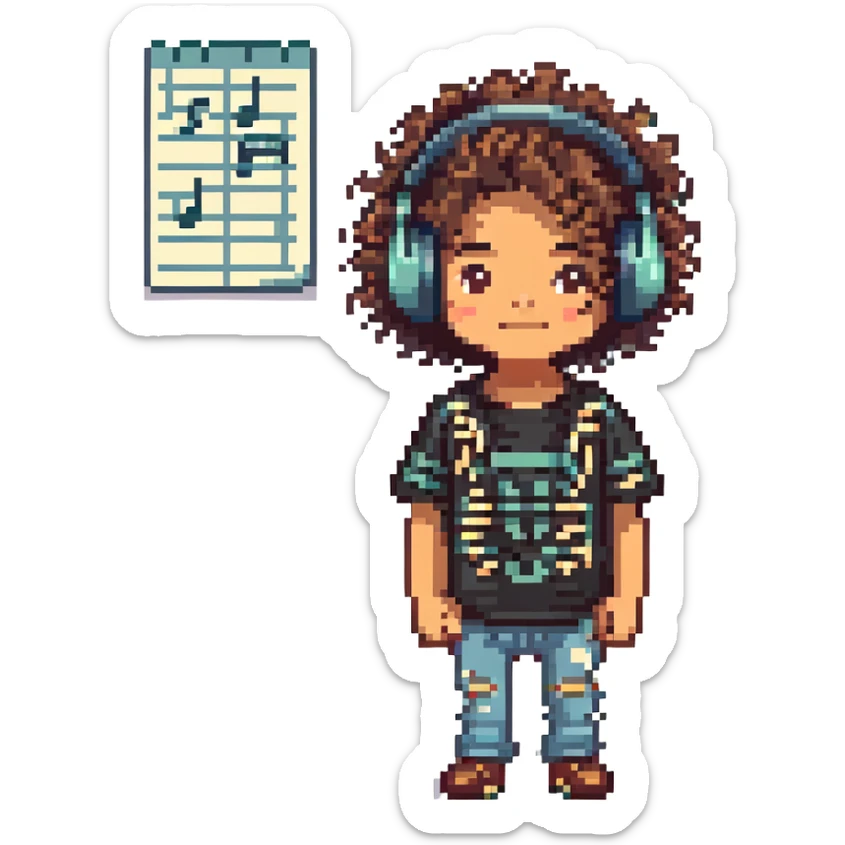 Pixel art of a young Mexican DJ with curly hair and music notes sticker