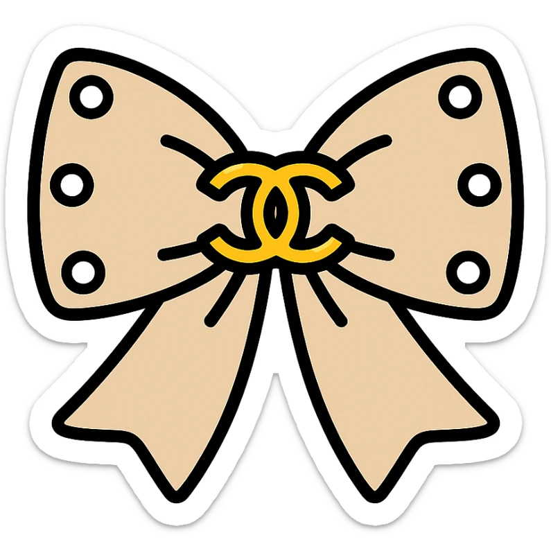 elegant bow with pearls and gold Chanel logo, glossy, monochrome, color outline style sticker