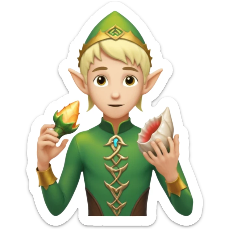 elf male Short wetsuit-style garb, glowing runes on skin, holding a conch horn. sticker