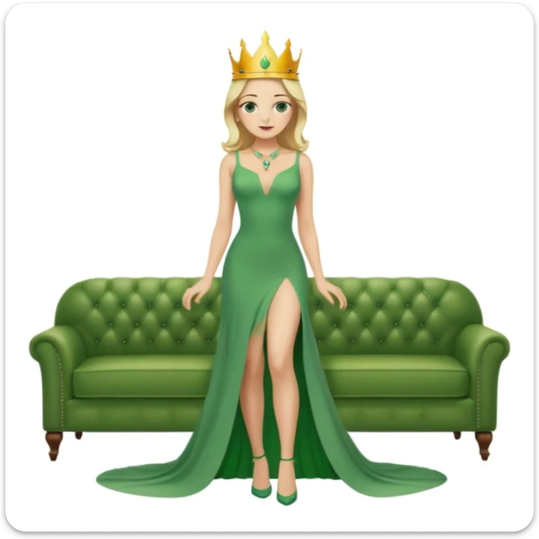 Queen, crown, blonde hair, green eyes, long green tight dress, decoltee,  Leg slit, whole Body, Background living room  sticker