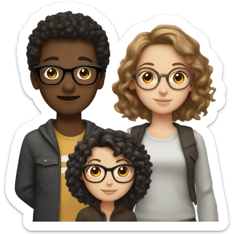 3 friends, one black male, black short hair, round face with glasses, one white girl with glasses and hair high in clip and one light brown girl with pretty skin and curly brown hair sticker