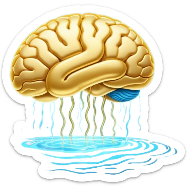 Glowing golden omega pill floating in ethereal blue waves, connected to a luminous brain by streams of light. The brain pulses with enhanced neural activity, with the entire scene having a mystical, flowing quality and soft radiance. sticker