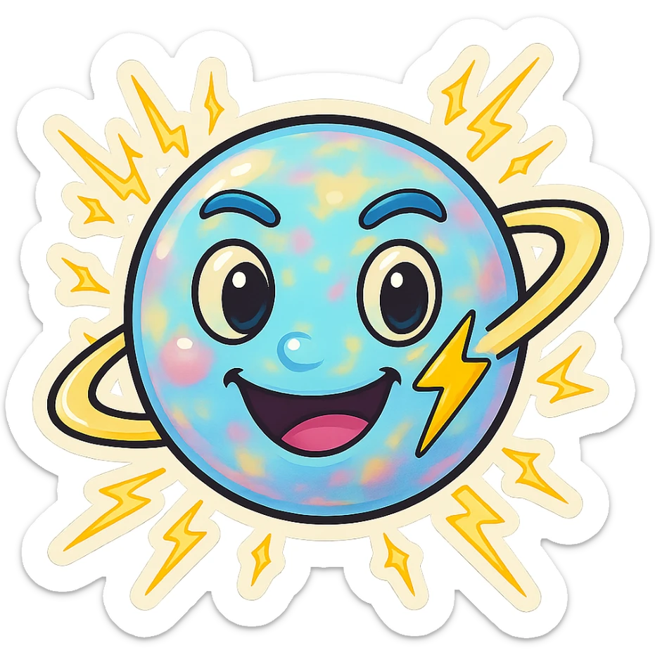 Refine this emoji to clearly look like a planet: keep the opal-like iridescent texture, wild electric energy, and playful, eccentric face, but emphasize a round planetary shape with visible rings and planetary features. Keep the background transparent. sticker