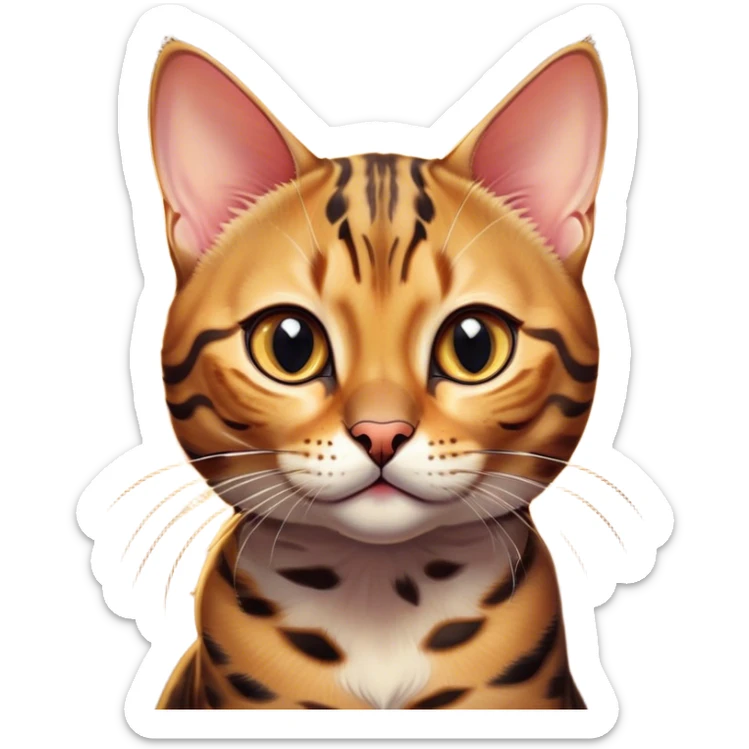 Cinematic Cute Bengal Cat Portrait Emoji, Head tilted playfully and inquisitively, sleek spotted brown and gold tones, Simplified yet adorable features, highly detailed, glowing with a warm, friendly glow, high shine, curious and affectionate, stylized with a touch of whimsy, bright and alert, soft glowing outline, capturing the essence of a mischievous yet loving kitten, so endearing it feels like it could pounce out of the screen and play! sticker