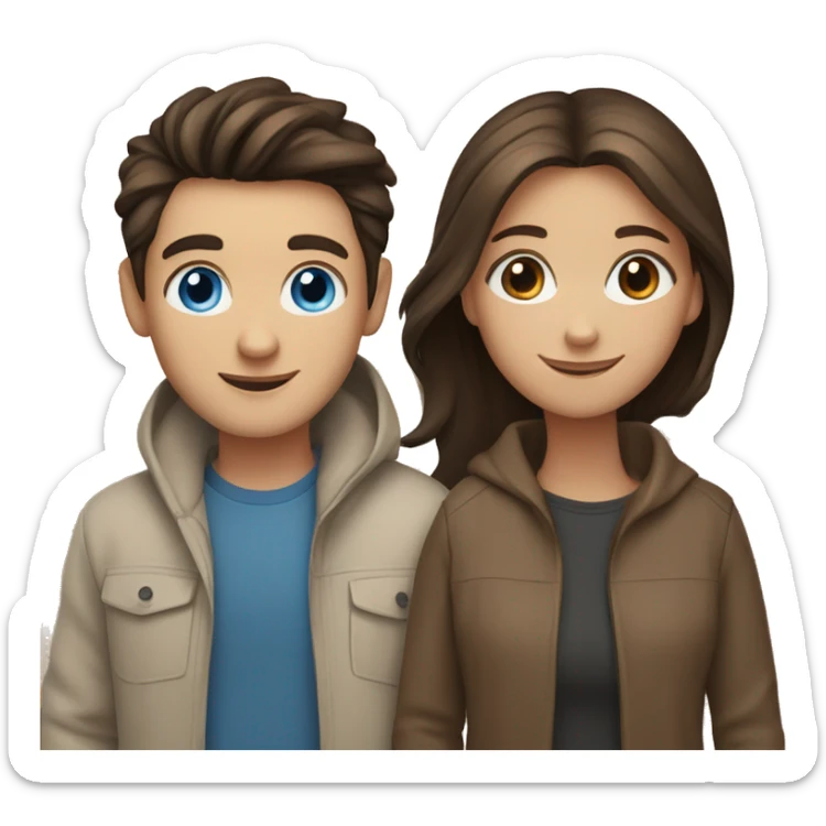 Happy couple: girl with blue eyes, brown hair and boy with brown eyes, black hair  sticker