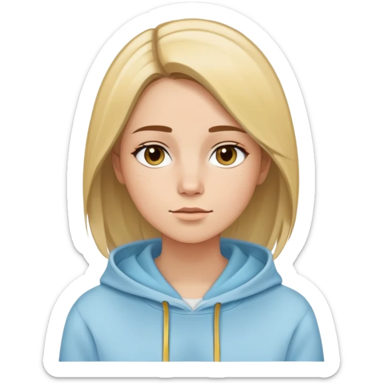 Woman with oval face, straight brown hair with blonde highlights parted to the side, dreamy expression, wearing a light blue hoodie with gold and white accents sticker