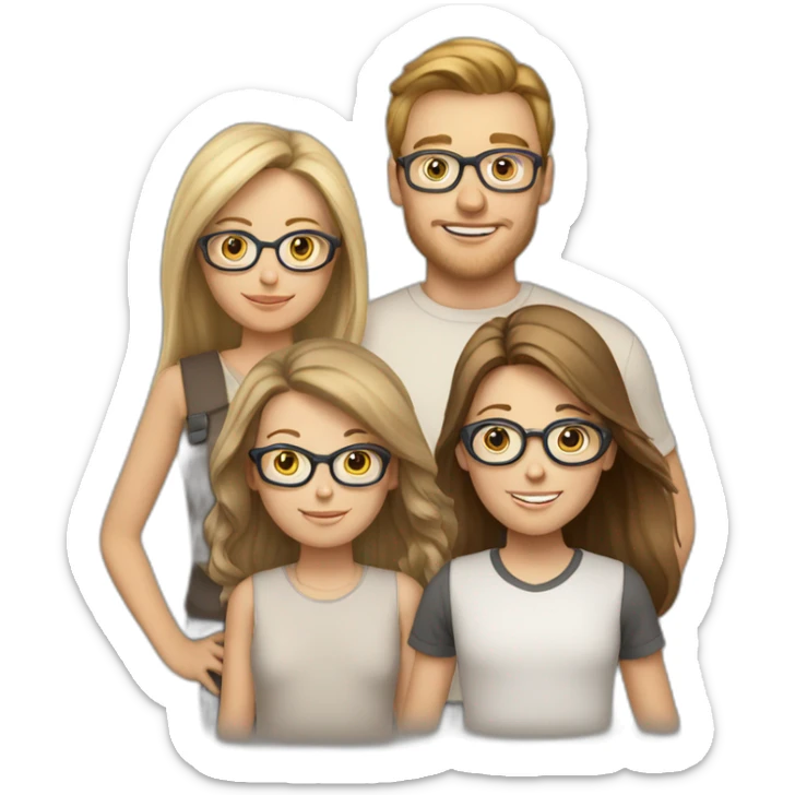 White family of 4, 1 brown hair mom, 1 brown hair boy, 2 girls with glasses and long blond hair sticker
