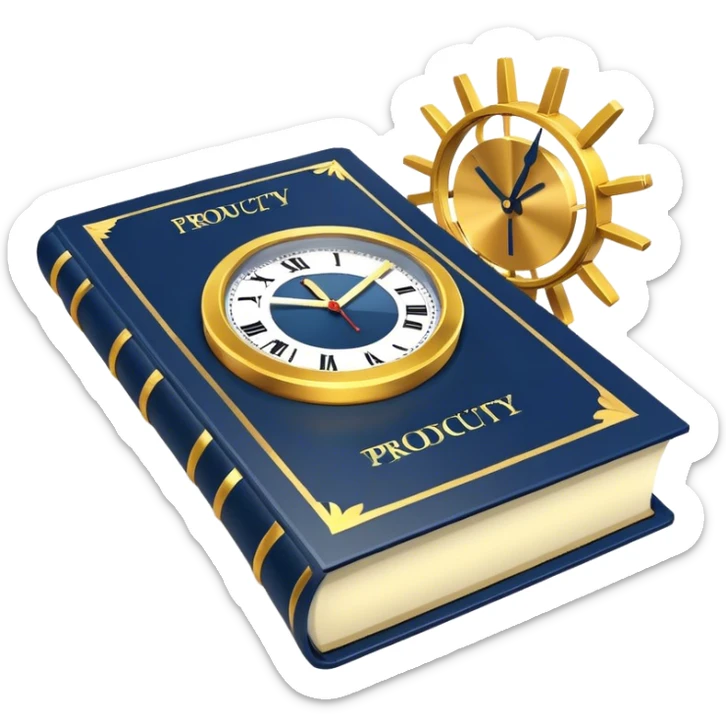 A navy blue productivity book with gold details, running clock and chart with upward trend aura, radiating productivity, strategy, and success in motion with time and happiness yellow sticker