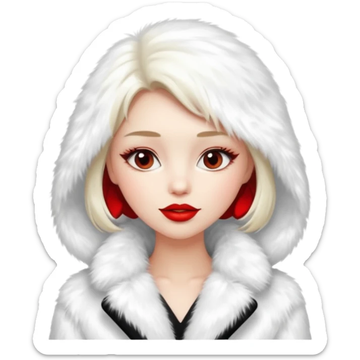 A beautiful, cute girl with red lipstick on her lips in a white fur coat,  in full view sticker