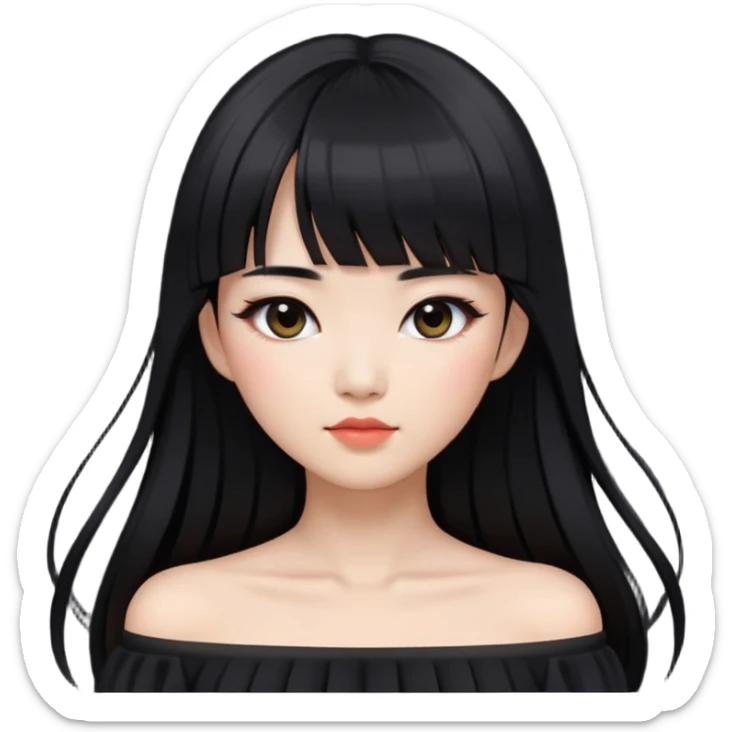 Asian woman with long black hair, straight bangs, black off-shoulder dress, and visible makeup sticker