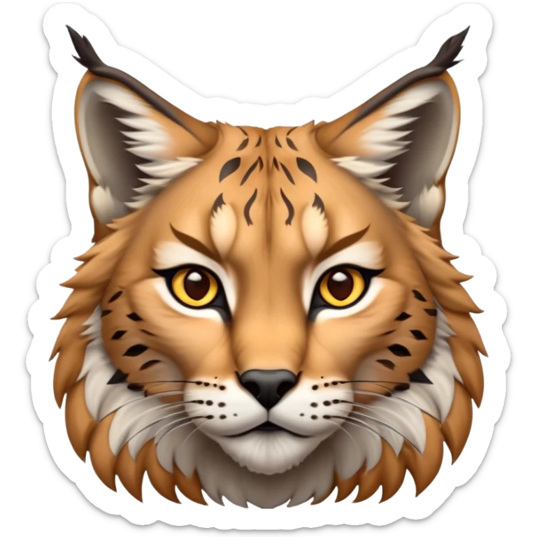 Cinematic-Noble realistic-Lynx-Portrait-Emoji – Poised and regal, with a strong, agile build and a strikingly patterned fur of warm tawny fur accented by bold black ear tufts, deep-set, intelligent amber eyes, simplified yet sharp and sophisticated. zoomed out to show shoulders sticker