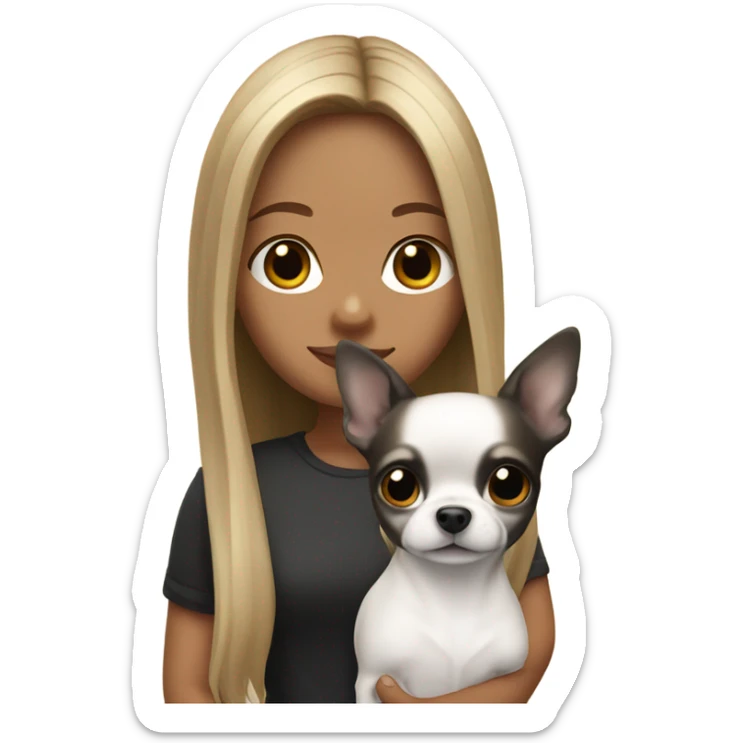 long dark blond hair Thai girl with Chihuahua black and white. sticker