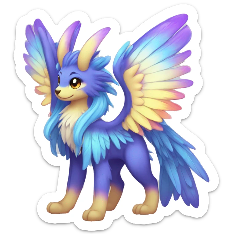 Anthro Sona Cool Cute Adorable Colorful Shy Winged Shiny Fakemon-Fantasy-Creature With Long Hair-Mane Full Body sticker
