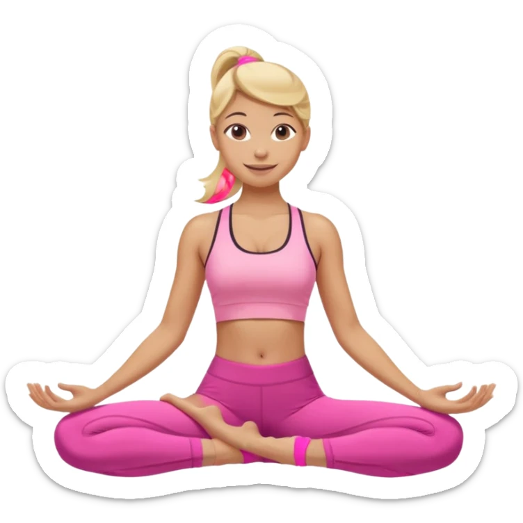 Mujer color de piel moreno claro con cabello rubio, usando un top rosa deportivo y leggins deportivo rosa en una pose de yoga, viendo hacia enfrente con ojos negros y sonriendo sin mostrar los dientes sticker