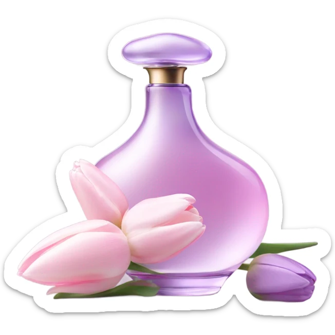 Aesthetic arrangement of pastel pink tulips and a retro violet perfume bottle.
 sticker