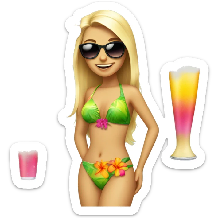 Blonde girl with a hawaii flower in her head, bikinis and sunglasses and coconut drink sticker