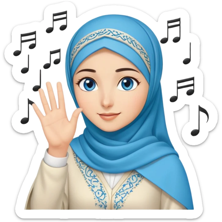 Turkish beautiful finish Konya girl blue eyes with music design hijab islamic dress and musically background and she wave one's hand sticker
