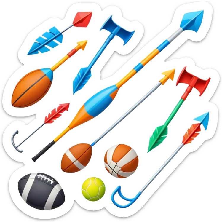 A collection of colorful sports equipment with dynamic growth arrows sticker