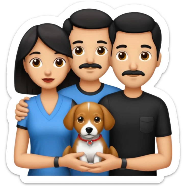 Pareja hombre y mujer, pelo negro ambos, y con dos perritos pincher en sus brazos sticker
